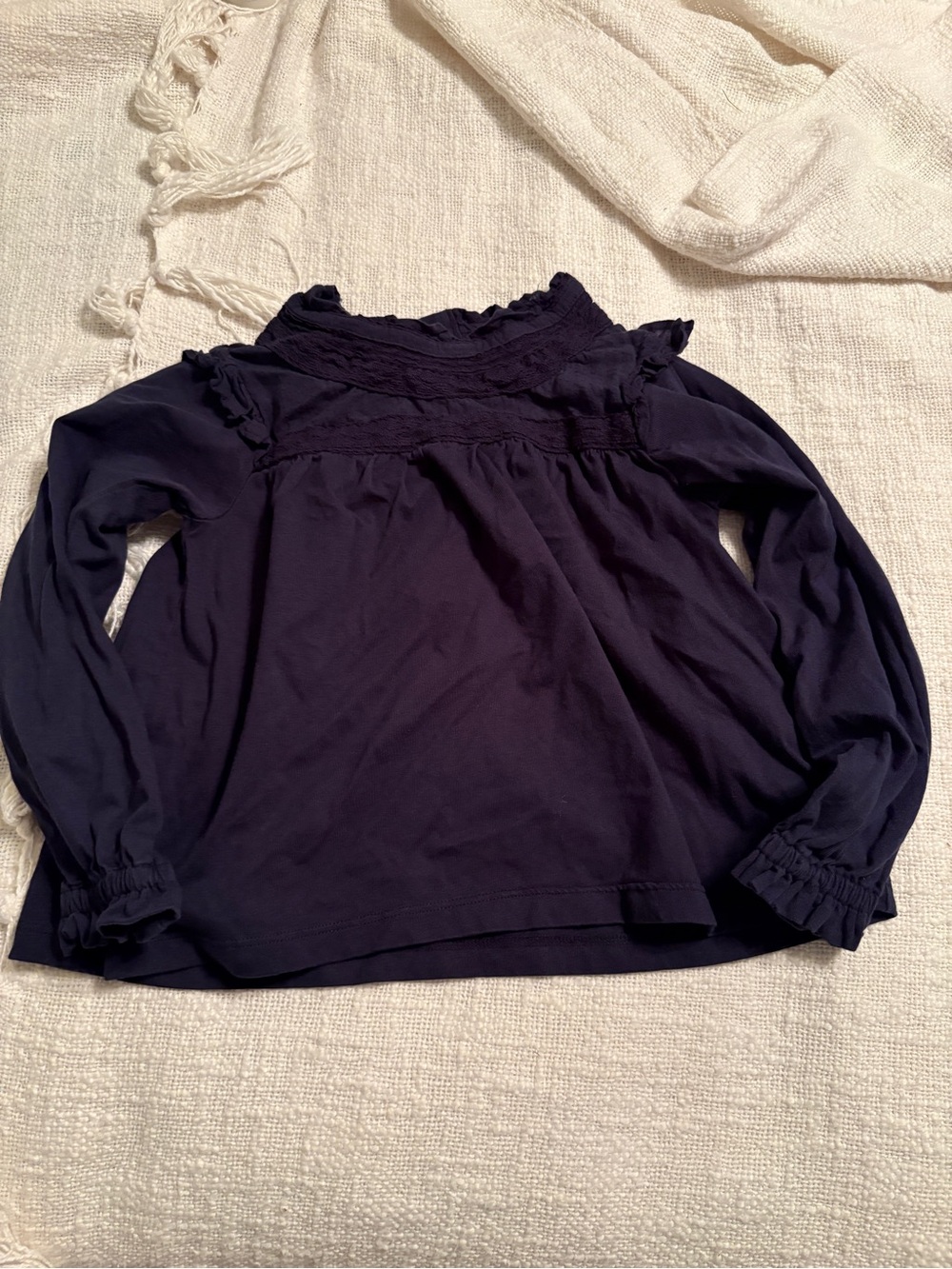 Mini Boden Girl’s Navy Long Sleeve Ruffle Yoke Top size 3-4